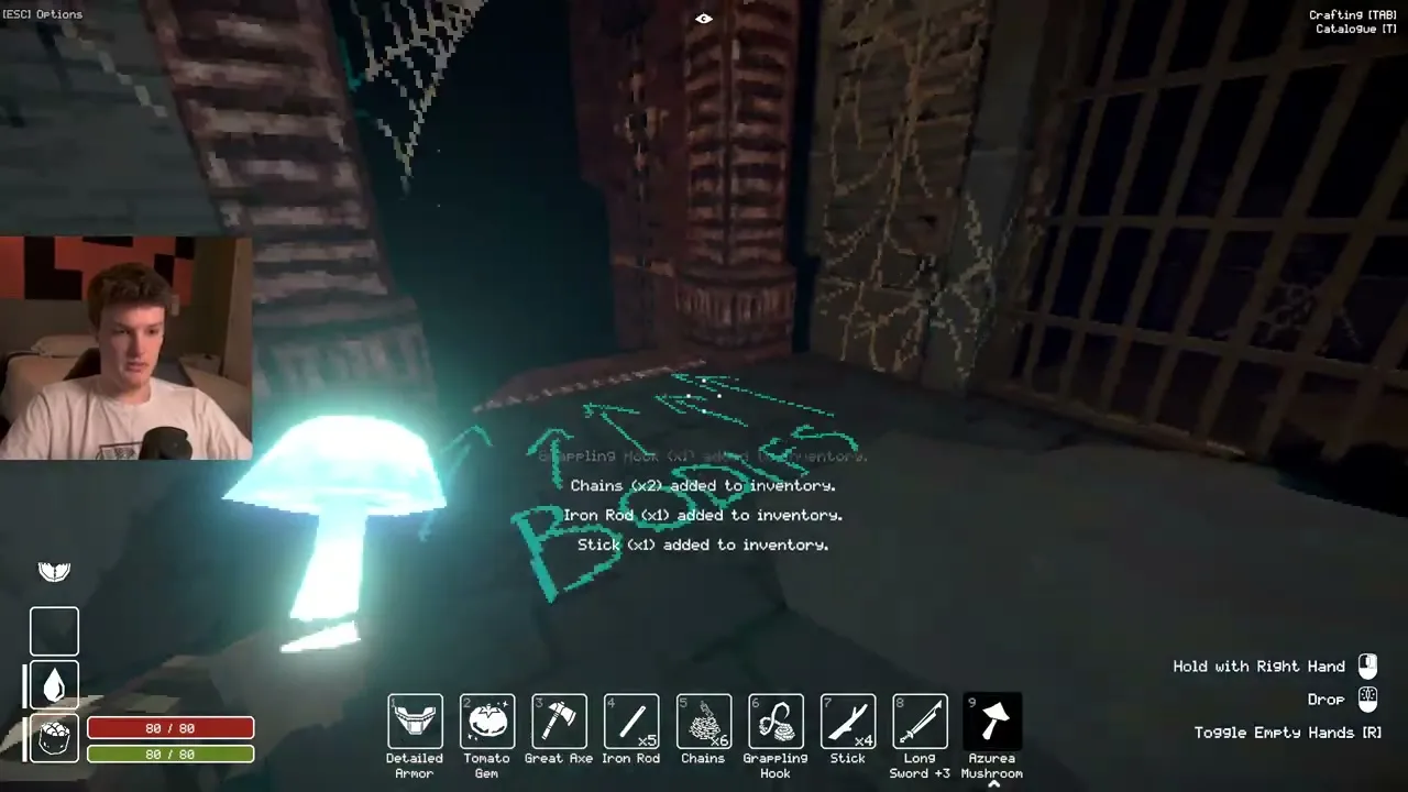 Glowing BODIES lettering and arrows beside a barred prison shaft in Deep Dish Dungeon.