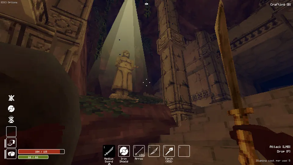 An explorer holds a sword and shield before a stone statue in Deep Dish Dungeon.