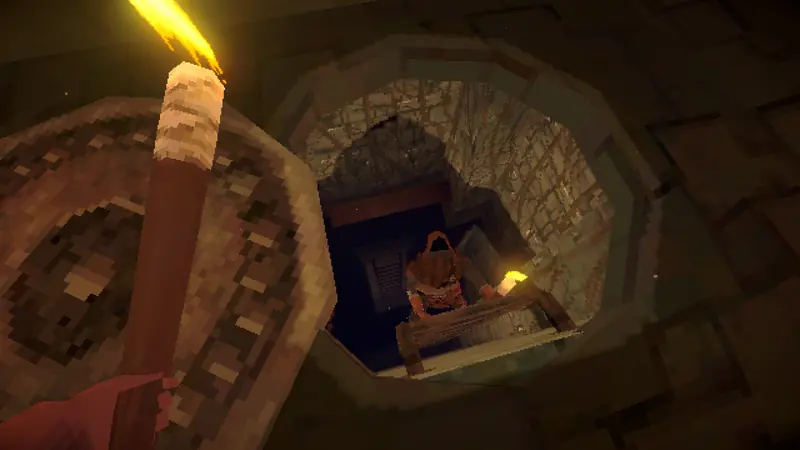 An explorer climbs a ladder down a torchlit stone shaft.