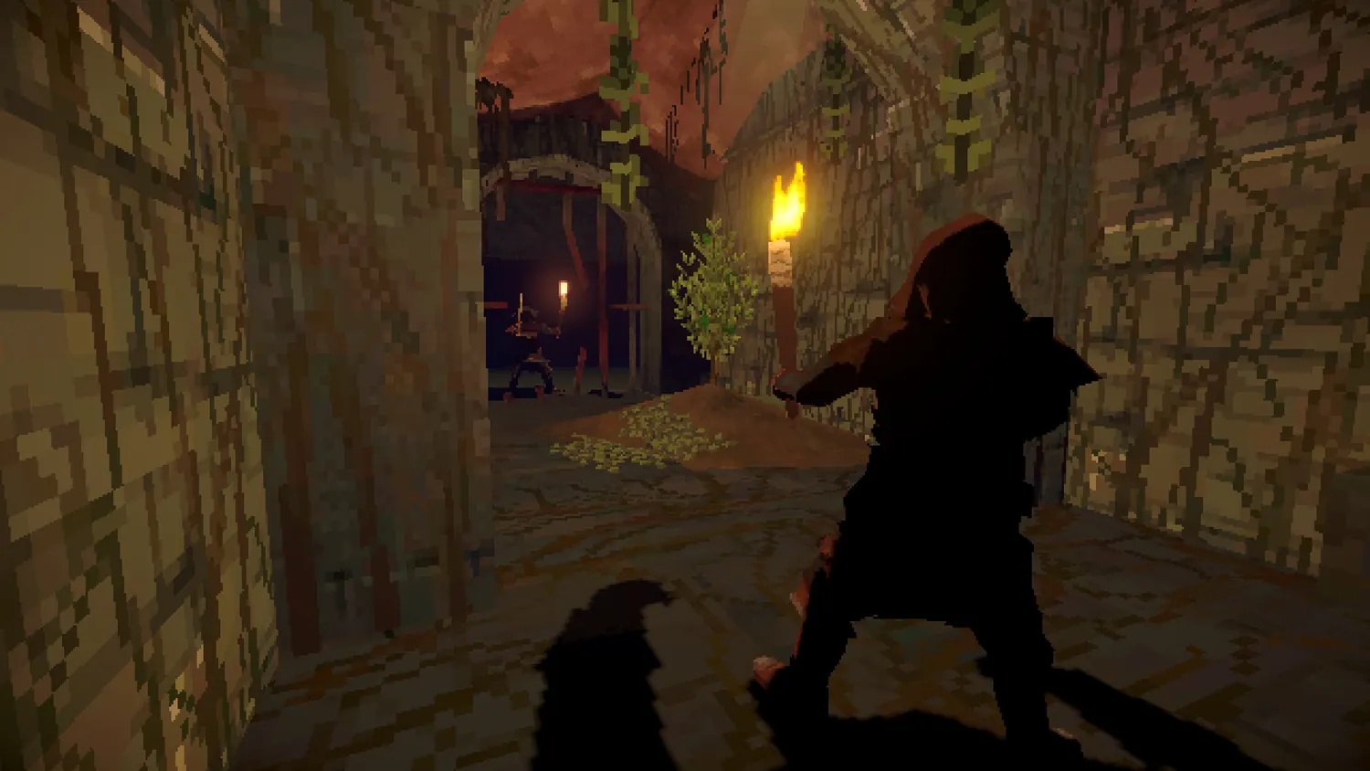 A torch-bearing explorer walks through a stone hall in Deep Dish Dungeon.
