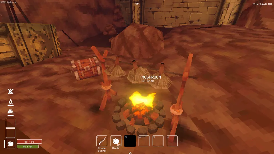 Mushrooms hang over a campfire in Deep Dish Dungeon.