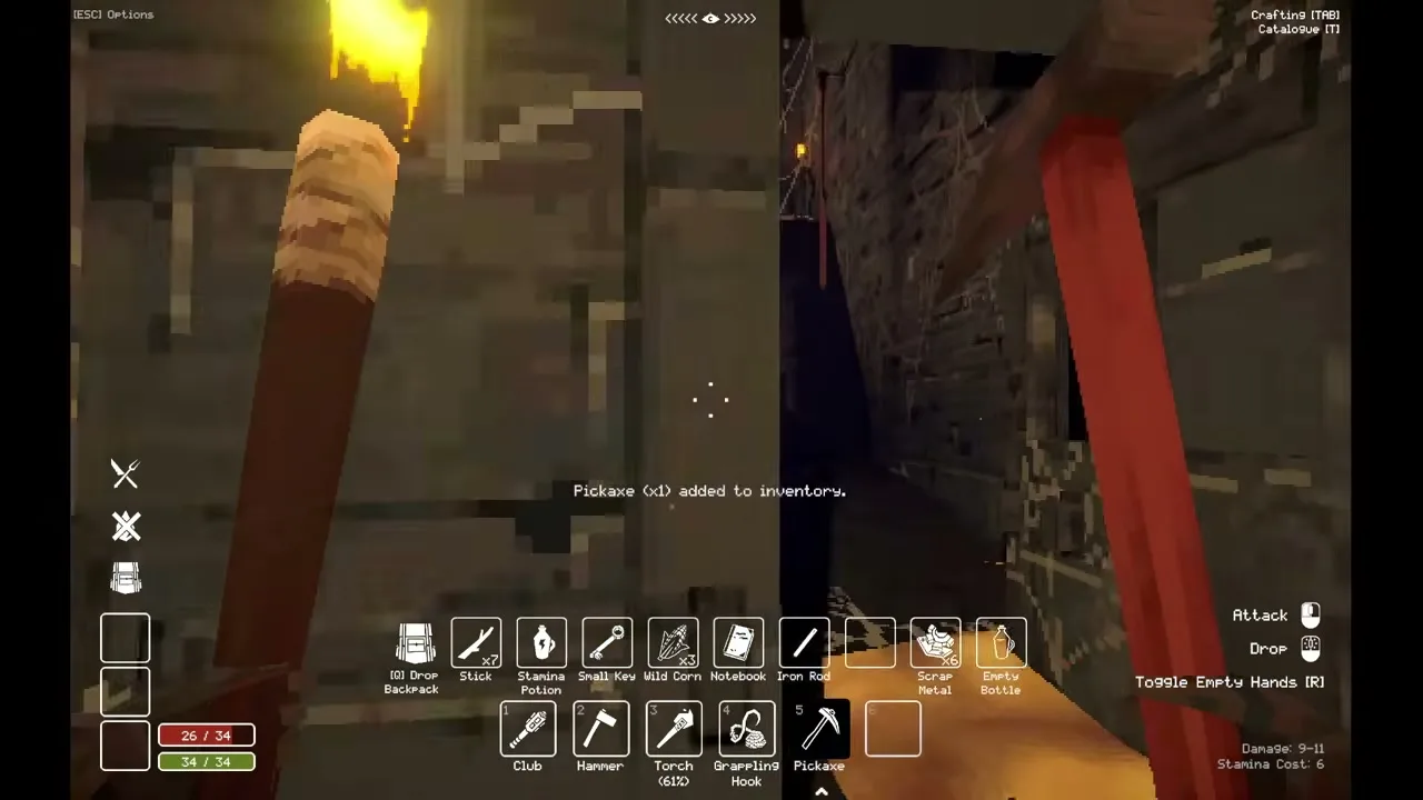 A Pickaxe pickup notification and Pickaxe icon in the prison in Deep Dish Dungeon.